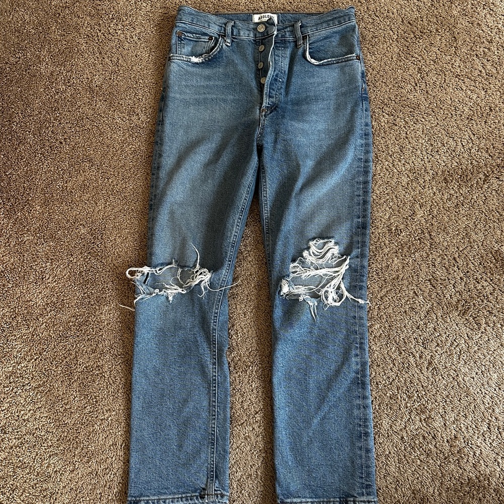 Agolde Riley Light Blue Denim Jeans, button fly